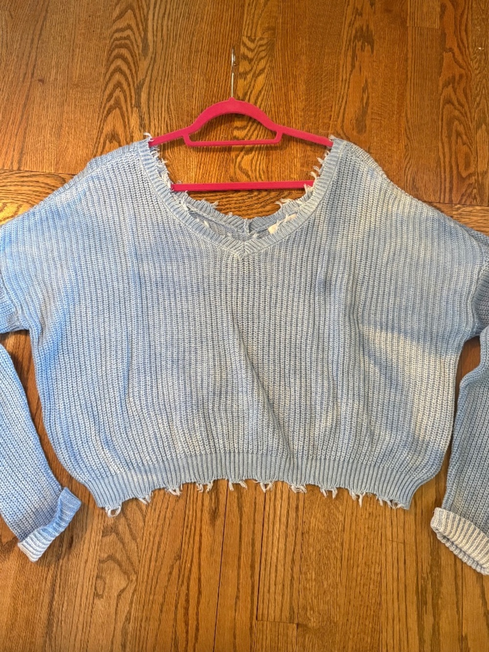 Distressed Blue Oversized V Neck Sweater